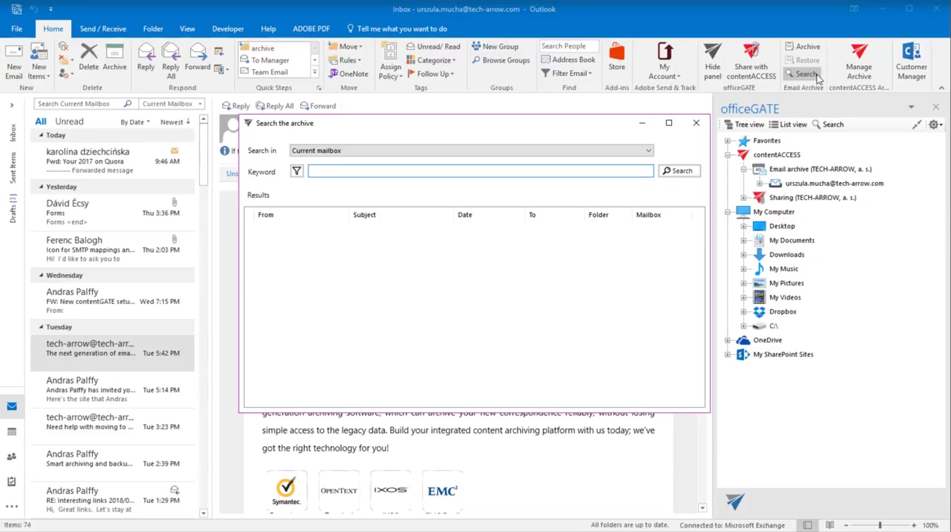 officeGATE Search and archive functions in Outlook