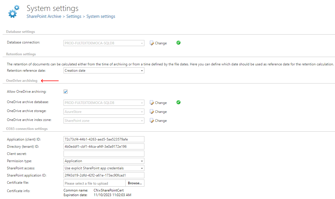 SharePoint archive system settings