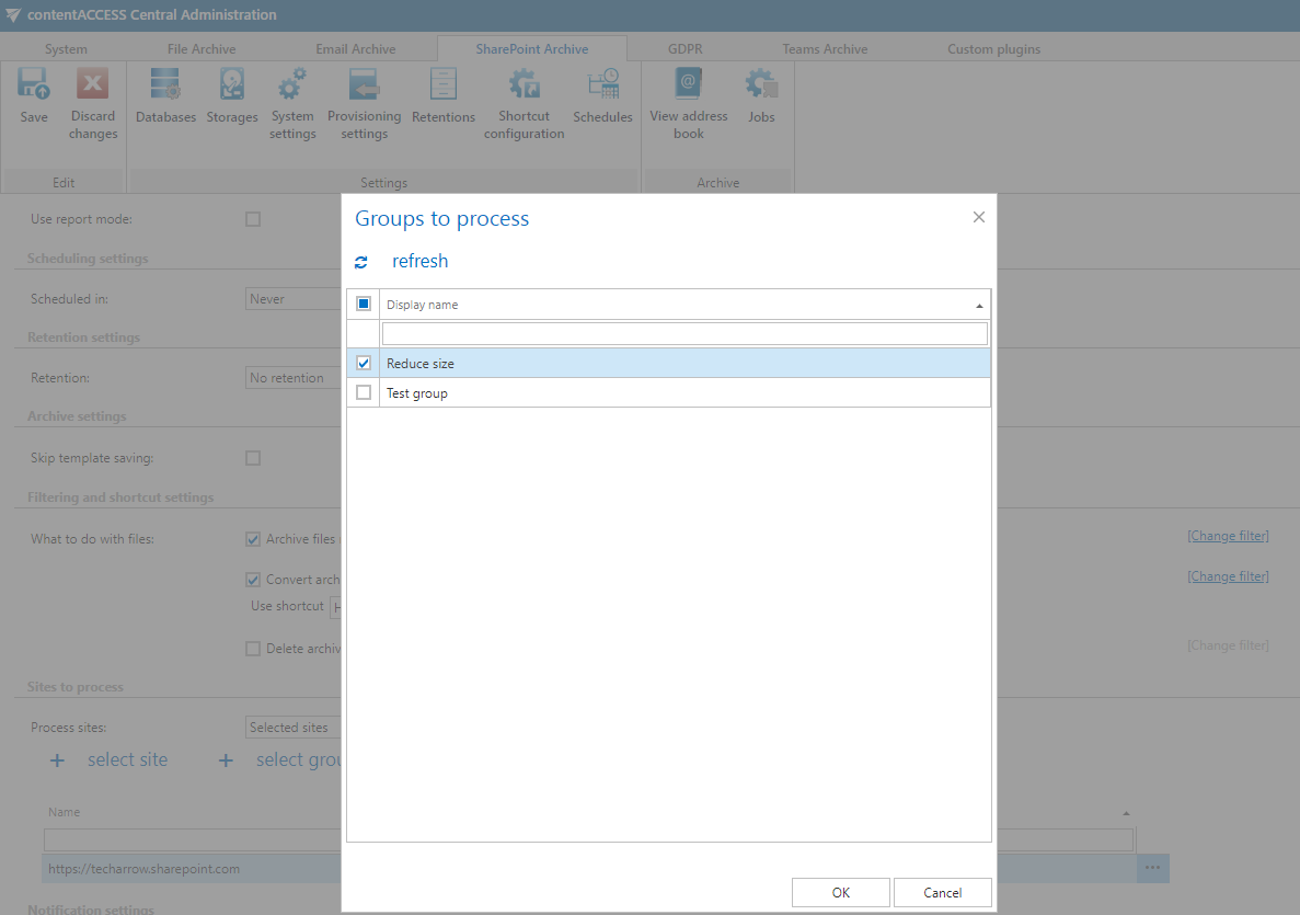 SharePoint group selection in an archive job
