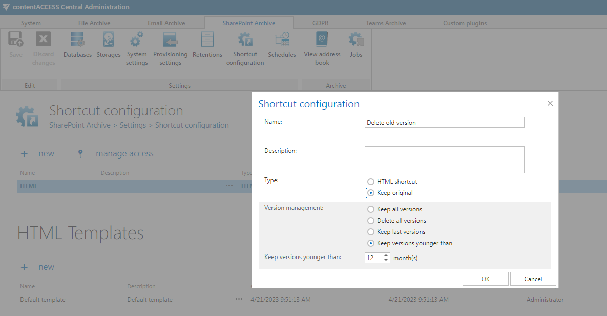 SharePoint shortcut configuration